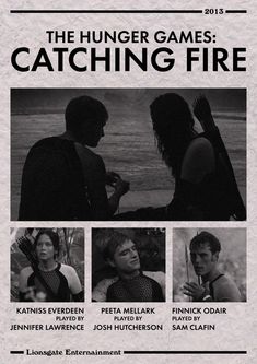 an advertisement for the hunger games catching fire, featuring two people talking to each other