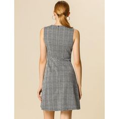 The houndstooth plaid dress with sleeveless accents flatters your silhouette. Cut from stretch knit fabric and featuring a round neck, a-line, and above-knee length. Offer a clean and polished look for the day with this dress. Wear yours with heels for an elegant look, whether you're in the office or out on the town, this dress is perfect for any occasion. Iron at Low Heat. Please check your measurements to make sure the item fits before ordering. Fitted Sleeveless Houndstooth Mini Dress, Fitted Sleeveless Mini Dress With Houndstooth Pattern, Sleeveless Plaid Dress For Work, Chic Sleeveless Mini Dress With Houndstooth Pattern, Sleeveless Plaid Dress For Fall, Casual Sleeveless Houndstooth Mini Dress, Houndstooth Mini Dress For Work, Chic Houndstooth Plaid Dress For Work, Knee-length Gingham Plaid Dress For Work