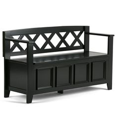 a black wooden bench with drawers underneath it on a white background and the seat is empty