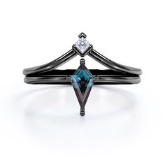 Delicate Four Prong 1.05 Carat Kite Shaped Lab Created Alexandrite And Diamond Chevron Single Stone Wedding Ring Set In White Gold Minimalist Wedding Rings, Stone Wedding Ring, Alexandrite Stone, Stone Wedding, Wedding Ring Set, Single Stone, White Gold Band, Wedding Ring Sets, 10k Gold