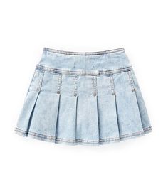 Jean Skirt With Ruffles, High Waist Cotton Tennis Skirt For School, School Cotton Stretch Skort, Cute Fitted Denim Skirt, Fitted Pleated Cotton Denim Skirt, Casual Skirt With Elastic Waistband For School, Casual Stretch Skirt For School, Stretch Lined Skirt For School, Blue Cotton Denim Skirt With Elastic Waistband