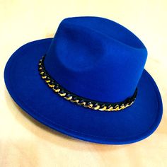 Savvy Blue Fedora Hat -Jazzy Chain Detail (Removable) -Wide Brim -Size: 7-1/4 (Pairs Nicely With Other Closet Items) (Brand New - Never Worn) Trendy Adjustable Blue Fedora, Trendy Blue Brimmed Fedora, Blue Fedora With Short Brim For Parties, Adjustable Blue Fedora For Parties, Blue Short Brim Felt Hat For Party, Blue Felt Hat With Short Brim For Party, Blue Curved Brim Felt Hat For Parties, Blue Curved Brim Felt Hat For Party, Blue Felt Hat With Curved Brim For Party