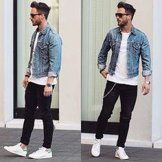 Urban Street Style, Mens Spring Summer Fashion. White Jeans Men, Blazer Casual, Urban Street Style, Cooler Look, Blue Denim Jacket, Urban Wear, Mens Fashion Summer