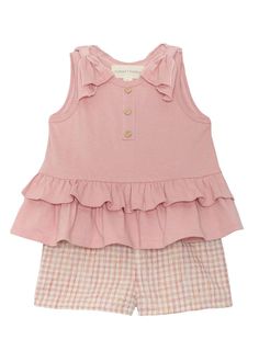 Two-Piece Set Woven material Bow tank top paired with plaid shorts Sleeveless Ruffled Sets For Playdate, Summer Gingham Sets For Playtime, Summer Gingham Playtime Set, Pink Sleeveless Top Matching Set, Pink Sleeveless Matching Set Top, Playful Plaid Sets For Spring, Pink Short Set For Summer Playwear, Playful Plaid Summer Tops, Cute Gingham Sets For Summer