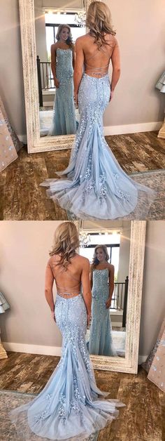 Mermaid Spaghetti Strap Appliques Lace Up Back Prom Dresses With Train, PD0558 Blue Mermaid Prom Dress, Prom Dress With Train, Cheap Prom Dresses Long, Backless Evening Dress, Prom Dresses 2018, Marine Uniform, Blue Mermaid, Backless Prom Dresses