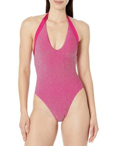 Trina Turk Cosmos Plunge One-Piece | 6pm Party Halter Neck Swimwear With Stretch, Sleeveless Party Beachwear Swimwear, Pink V-neck Party Swimwear, V-neck Summer Party Swimwear, Summer Party V-neck Swimwear, Pink Halter Neck Bodysuit For Pool, Spring Party Bodysuit With Triangle Top, Summer Party Bodysuit With Halter Neck, Party T-back Swimwear