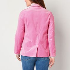 Made from 100% cotton in a vibrant pink hue, this St. John's Bay women's velvet blazer adds a pop of personality to your wardrobe. The single-breasted style is cut for a fitted-fit and has a notch collar, two front flap pockets, and a single-button closure. Wear it with trousers to the office or keep it casual with jeans. Front Style: Single BreastedClosure Type: ButtonFit: FittedPockets: 2 Front Flap PocketsSleeve Length: Long SleeveApparel Length: 27 InchesFiber Content: 100% CottonFabric Desc Pink Winter Blazer With Double Button Closure, Hot Pink Velvet Blazer, Pink Velvet Jacket, Pink Velvet Blazer, Cheap Single-breasted Pink Blazer, Affordable Pink Button-up Blazer, Blazer Pink, Velvet Blazer, Notch Collar