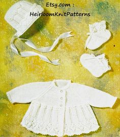 an image of baby clothes and bonnets made from crocheted yarn on a yellow background