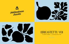 four different logos with fruits and vegetables on them in black and yellow colors, each containing an apple