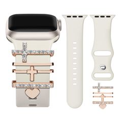 an apple watch with several different pieces of jewelry on the front and side of it