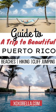 a beach with palm trees and the words guide to a trip to beautiful puerto rico