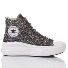 Sides with black glitter, back with silver star, black laminate shoelaces, white original shoelaces. &nbsp; Converse Move Platform, Converse Move, Chloe Purses, Star Black, Sneaker Wedge, Black Glitter, Silver Stars, Custom Shoes, Luxury Retail