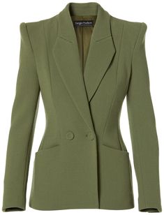 Wool crepe double breasted jacket with square lapel and padded shoulder. 100% Wool Lining: 91.5% Silk | 8.5% Lycra Dry clean only Made in USA Free Domestic Shipping Chic Shift Dresses, How To Style A Maxi Dress, Sergio Hudson, Design Your Own Shoes, Wool Crepe, Green Square, Lapel Jacket, American Fashion Designers, Feather Dress