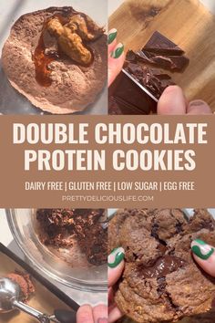 double chocolate protein cookies with text overlay that reads double chocolate protein cookies dairy free gluten low sugar egg free