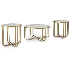 three tables with glass tops and gold metal bases, one on each side is an oval table