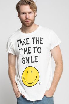 You always have extra time to smile! Front: "Take The Time To Smile!", smiley graphic Back: Blank Cheap Fun T-shirt With Smiley Face, Smiley Graphic, Female Model, Cotton Style, Workout Tee, Male Model, Smiley, Angeles, Short Sleeves