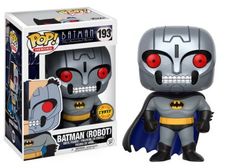 the batman robot pop vinyl figure is shown in its box with it's red eyes