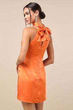 The Lulus Infinite Admiration Orange Satin Halter Mini Dress is the sophisticated party dress that everyone will love! Sleek woven satin shapes this lovely dress that has a princess-seamed bodice and a high halter neckline that ties above a back keyhole cutout. A figure-skimming silhouette falls to a flirty mini hem. Hidden back zipper. Fit: This garment fits true to size. Length: Mid-thigh. Size medium measures 32.5" from top to bottom. Bust: Great for any cup size. Waist: Fitted - very fitted Silk A-line Prom Evening Dress, Silk A-line Satin Dress For Prom, A-line Taffeta Party Dress, Satin A-line Dress For Formal Occasions, Satin A-line Mini Dress With Ruched Bodice, Satin A-line Dress With Bow, Formal Taffeta Dress With Sweetheart Neckline, Taffeta Evening Dress With Fitted Bodice For Cocktail, Fitted Bodice Taffeta Dress For Prom Season