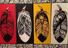 four different colored feathers with black and white designs on the sides, one is red, one is yellow