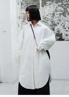 Oversized Long Outerwear With Pockets, Long Cotton Outerwear For Daywear, Oversized Long Cotton Outerwear, Cotton Long-sleeve Outerwear For Daywear, Cotton Long Sleeve Outerwear For Daywear, White Collared Outerwear For Daywear, Oversized Long Outerwear For Daywear, White Button-up Outerwear For Daywear, Oversized White Button-up Outerwear