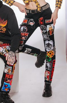 Zillakami Pants, Cotton Patchwork Pants For Streetwear, Edgy Patchwork Cotton Bottoms, Graphic Print Cotton Bottoms For Alternative Fashion, Black Patchwork Bottoms For Festival, Festival Cotton Bottoms With Patches, Retro Cotton Bottoms With Patches, Patched Jeans Outfit, Crust Pants