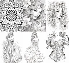 four different drawings of women with flowers in their hair and dresses, one is wearing a corset