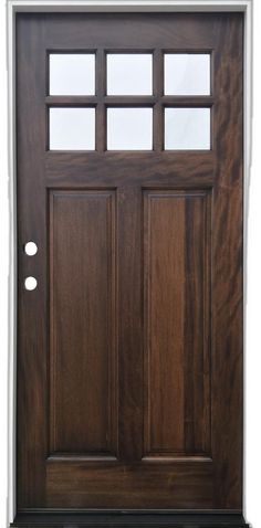 a wooden door with two sidelights and glass panels on the top, against a white background