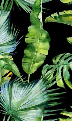 watercolor painting of tropical plants and leaves on a black background with green, blue and yellow colors