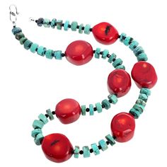 Beautiful polished rounded chunks of natural red Bamboo Coral enhanced with polished slices of natural bluish/greenish Turquoise accented with sparkling gem cut black Spinel set in a 17 inch long necklace with Sterling Silver hook clasp. This elegant necklace goes easily from daytime to evening occasions. Bulky Necklaces, Turquoise Coral Jewelry, Beading Necklace, Spinel Necklace, Red Bamboo, Mens Beaded Necklaces, Paper Beads Necklace, Red Coral Necklace, Bamboo Coral