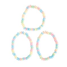 three bracelets with multicolored beads on white background, one is round and the other has oval shaped beads