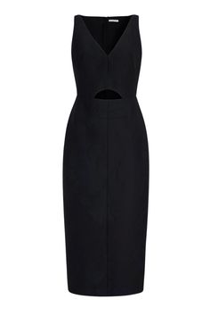 Artfully constructed to follow a clean, architectural silhouette, the Illyse dress is a contemporary option for cocktail party dressing. Crafted from a subtly placed floral embossed cloque, this black tailored dress features a deep v-neckline and cut-out panel evoking a sense of empowered sensuality. PLEASE NOTE ALL SALE ITEMS ARE FINAL SALE Sleeveless Cutout Dress For Formal Occasions, Formal Sleeveless Dress With Cutout, Structured Midi Dress For Evening, Chic Structured Midi Dress For Party, Sleek Structured Dress With Flattering Silhouette, Sleek Structured Evening Dresses, Modern Structured Dresses For Party, Modern Structured Dresses With Boning, Modern Structured Dress With Boning