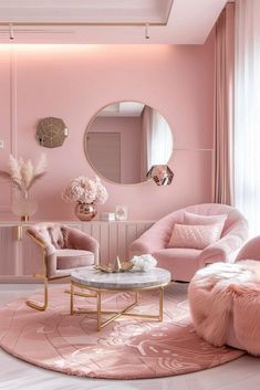 a living room with pink furniture and mirrors on the wall, along with white rugs