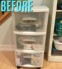 three plastic containers stacked on top of each other in front of a shelf with toys