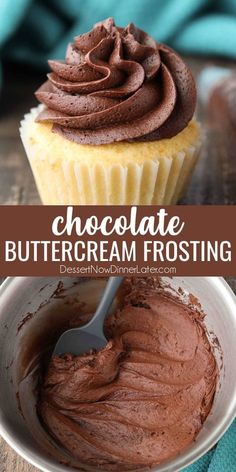 chocolate buttercream frosting in a bowl with a spoon