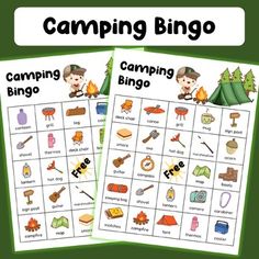 two camping bingo cards with the words camping on them