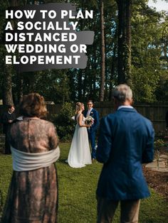 a man and woman standing in front of a wedding ceremony sign with the words how to plan a socially distanced wedding or elopement