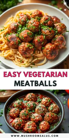 meatballs with sauce and parsley on top are served over spaghetti in a white bowl