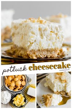 a collage of photos showing different types of cheesecakes and other desserts