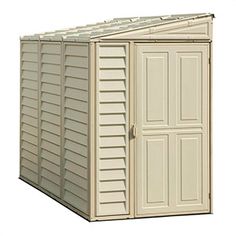 an outdoor storage shed with the door open and shutters closed, on a white background