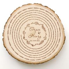 a personalized wooden bowl with the words grace and henry written on it in cursive writing