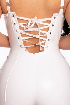 White Sexy Strappy Latex Romper It's the perfect concert outfit! White Corset For Club, White Fitted Corset For Club, White Fitted Corset For Club Wear, White Stretch Corset For Party, White Bandage Corset For Party, White Bandage Corset For Night Out, Trendy White Corset For Party, Spring Bandage Corset For Club, Spring Club Bandage Corset