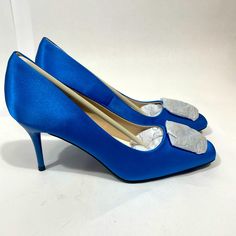 Women's Satin Wedding Shoes Pointed Closed Toe Chunky Heel Bridal Shoes Crystal Slip On Pumps Elegant Blue Wedding Shoes For Evening, Blue Pointed Toe Wedding Shoes For Party, Blue Low Heel Court Shoes For Party, Blue Pointed Toe Heels For Event, Wedding Court Shoes With Branded Heel Counter, Elegant Blue Pointed Toe Wedding Shoes, Blue Closed Toe Party Wedding Shoes, Blue Closed Toe Wedding Shoes For Party, Fitted Blue Wedding Shoes For Party