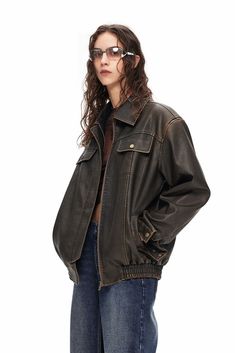 Vintage Distressed Leather Biker Jacket - Fibflx Indie Leather Jacket Outfit, Distressed Leather Outerwear For Streetwear, Rugged Leather Jacket For Fall Streetwear, Winter Distressed Leather Outerwear, Casual Distressed Leather Biker Jacket, Vintage Distressed Outerwear For Fall, Distressed Brown Outerwear With Pockets For Fall, Distressed Brown Fall Outerwear With Pockets, Grunge Leather Outerwear For Winter