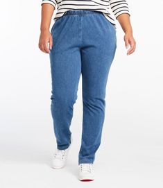 Pairing comfort and style, these women’s elastic waist jeans are our most popular stretch pants, now in the ultrasoft fabric of our Comfort Knit Jeans. Inseams: Regular 29½", Petite 27½", Medium Tall 31½", Plus 29½". Original Fit: Sits higher on the waist. Relaxed through hip and thigh. Tapered-leg. Wrinkle-resistant 96% cotton, 4% spandex for shape retention. Machine wash and dry. Stretches and moves with you but always recovers its shape. Comfortable gathered waistband. Front pockets. Printed Mid-rise Pull-on Jeans For Everyday, Denim Blue Straight Leg Bottoms With Pull-on Style, Stretch Denim Pull-on Jeans, Denim Blue Straight Leg Pull-on Jeans, Denim Blue Pull-on Tapered Jeans, Denim Blue Tapered Leg Pull-on Jeans, Everyday Denim Blue Pull-on Bottoms, Denim Blue Pull-on Bottoms For Everyday, Everyday Medium Wash Pull-on Bottoms