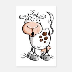 a cartoon cow with brown spots on it's face