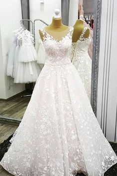 White A-line Wedding Ball Gown, A-line Lace Wedding Gown, White A-line Ball Gown For Wedding, Lace A-line Wedding Gown, White A-line Wedding Gown, White A-line Dress With Sweep Train, White A-line Wedding Dress, A-line Wedding Dress With Lace Bodice, A-line Wedding Dress With Illusion Neckline