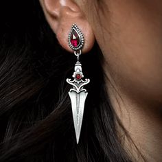 Experience unmatched elegance with our Gothic Red Zircon Dagger Earrings. Buy 2 get 1 free! Red Stone Earrings, Ear Drop, Dagger Earrings, Stone Dangle Earrings, Alloy Earrings, Party Earrings, Women Vintage, Ear Studs, Pendant Earrings