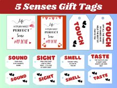 5 valentine's day gift tags with the words, sound and smell