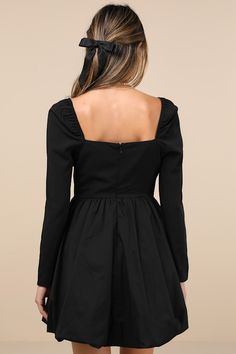 Strike a pose in the Lulus Darling Picture Black Bow Long Sleeve Bubble-Hem Mini Dress for endless compliments! This adorable dress has a flat woven fabrication that shapes a flattering square neckline with a satin ribbon bow detail, framed by long sleeves with elasticized, gathered shoulders. Seamed bodice has a high, fitted waist that tops an A-line mini skirt with a trendy bubble-hem. Hidden back zipper/clasp. Fit: This garment fits true to size. Length: Size medium measures 27.5" from should Brunch Mini Dress With Fitted Bodice And Square Neck, Chic Square Neck Mini Dress For Brunch, Fit And Flare Mini Dress With Square Neck, Fitted Mini Dress With Straight Neckline For Fall, Chic Fit And Flare Mini Dress With Square Neck, Fitted Mini Dress With Square Neck For Brunch, Fitted Square Neck Mini Dress For Brunch, Square Neck Mini Dress For Date Night, Black Mini Dress With Fitted Bodice And Straight Neckline