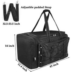 Baseball Duffle Bag Description Dimensions: 14*11.4*43 inches; Weight: ‎1.3 Kilograms; Material: Made of tough ripstop nylon material; Feature: Extra Large Capacity: Catchers gear bag has 4 compartments. Front pocket allows you hold clothes, cell phones or headphones. The main compartment can hold your catchers, helmets, gloves and more. Besides, there are 2 large pockets on both sides, one is the shoes compartment, and the other side is thermal insulation side pocket for you holding drinks Side